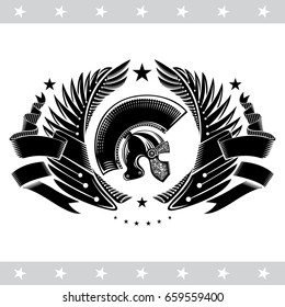 Spartan helmets in the center of wings and ribbon. Heraldic vintage label on white