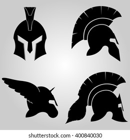 Spartan Helmets set,  full face and in profile silhouettes,  winged  helm with horn, symbol of gladiator soldier or greek warrior or roman legionary, hero sign, vector