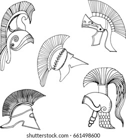 Spartan Helmets set, full face and in profile silhouettes, symbol of gladiator soldier or greek warrior or roman legionary, hero sign, vector