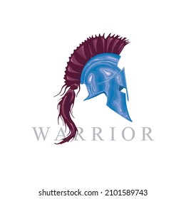 spartan knight helmet with crested feather on head. logo template design vector.