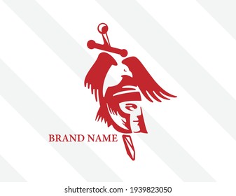 spartan logo head with bird and sword