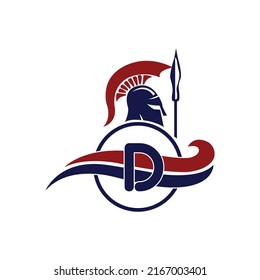 Logo espartano. Letra inicial D con vector de diseño de logotipo de casco de Guerrero espartano