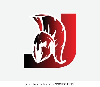 Spartanisches Logo. Ursprünglicher Buchstabe J für den Vektorgrafik für das Design des Helmlogos von Spartan-Krieger