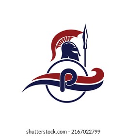 Logo espartano. Letra inicial P con vector de diseño de logotipo de casco de Guerrero espartano
