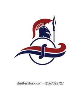Logo espartano. Letra inicial S con vector de diseño de logotipo de casco de Guerrero espartano