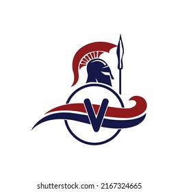 Logo espartano. Letra inicial V con vector de diseño del logotipo del casco espartano