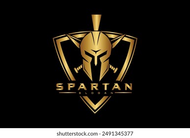 espartano logo y Vector diseño casco y cabeza con escudo y espadas cruzadas, gimnasio y fitness logo	
