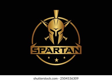 Logotipo espartano y casco de diseño de Vector y cabeza con espadas circulares y cruzadas, logotipo de gimnasio y fitness	