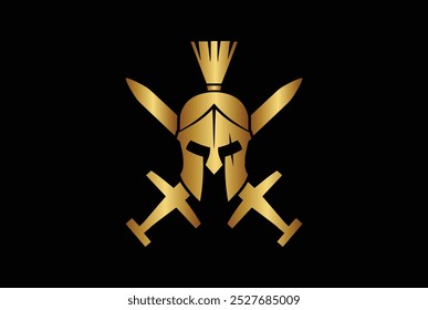 spartan logo and vector design helmet and head with cross swords , gym and fitness logo