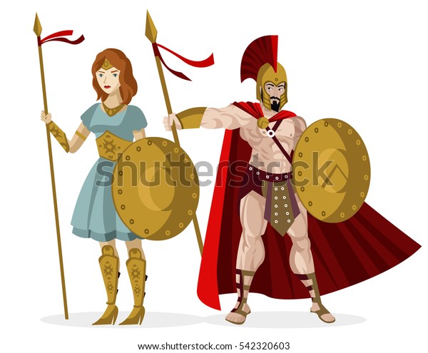 盾と槍を持つスパルタ人の男と女の戦士 のベクター画像素材 ロイヤリティフリー