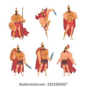 Spartan Man in Red Cloak and Helmet Armed with Spear and Shield Vector Set