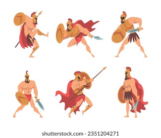 Spartan Man in Red Cloak and Helmet Armed with Spear and Shield Vector Set