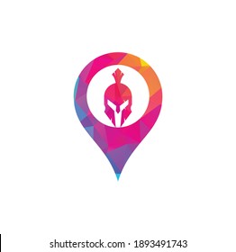 Diseño del logotipo del concepto de la forma del alfiler del mapa espartano. Antigüedades vintage Diseño vectorial de guerrero espartano