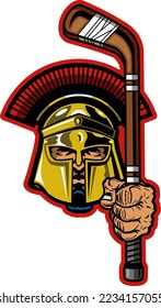 spartan mascot holding hockey stick for school, college or league sports