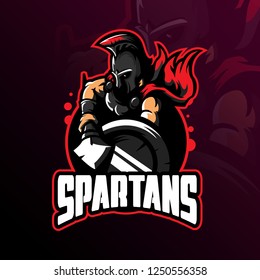 vectores de diseño de logo de mascota espartano con moderno estilo de ilustración para impresión de insignias, emblemas y camisetas. ilustración espartana con escudo y lanza.