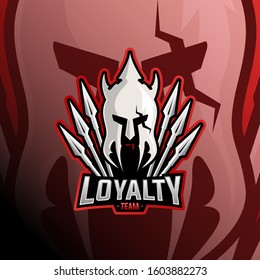 Spartan mascot logo design vector. Warrior character with spears illustration for sport team. Men in metal helmet vector illustration. Modern illustration concept style for badge and esport.