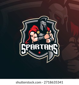 Vector de diseño de logotipo de mascota espartana. Ilustración espartana con espada en mano.