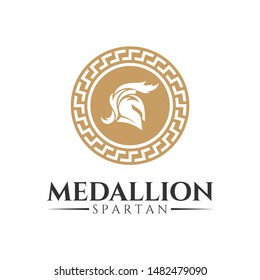 spartan medallion logo, emblem style, spartan head with ancient motif, vintage warrior symbol