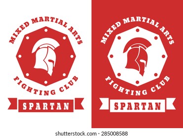 Spartan, MMA Fighting Club emblem with spartan helmet in red and white, vector illustration, eps10, easy to edit