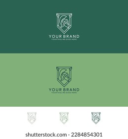 Spartan monoline with geometric side view badge visualizes energy power and elegant minimalism