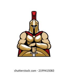 Spartan, Roman Or Trojan Soldier In Armour Helmet, Hands Crossed On Sword Over Shield Isolated Ancient Greek Warrior Emblem. Vector Gladiator In Helmet With Scarlet Plume, Sparta Centurion Legionnaire