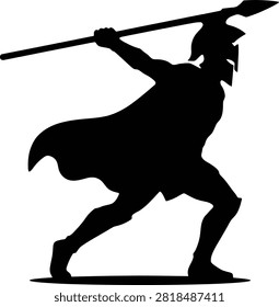 Spartan silhouette, spear, shield, ancient warrior.