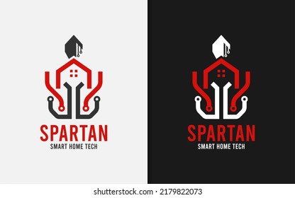 Spartan Smart Home Tech Logo, Abstract House with Spartan Mask and Tech Element Combination Concept.