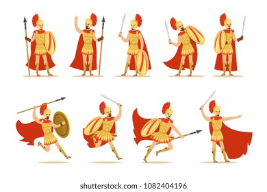 Spartan Soldier In Golden Armor And Red Cape Set Of Vector Illustrations With Greek Military Hero In The Fight