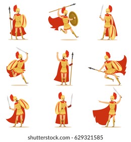 Spartan Soldier In Golden Armor And Red Cape Set Of Vector Illustrations With Greek Military Hero In The Fight