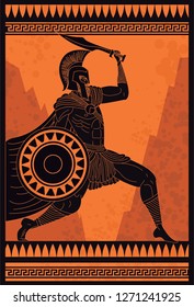 spartan soldier with shield and sword orange and black figure ceramic