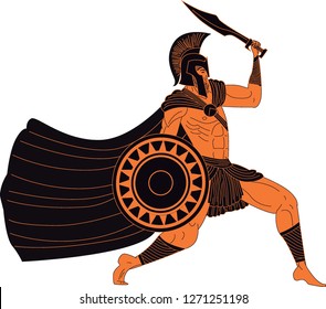 spartan soldier with shield and sword orange and black figure ceramic