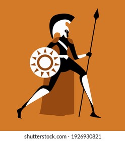 spartan soldier with shield and sword orange and black figure ceramic