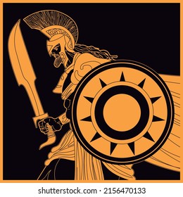 spartan soldier and shield   sword orange   black figure