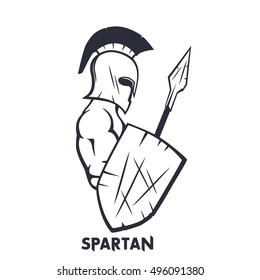 spartan with spear and shield isolated on white, ancient warrior in helmet
