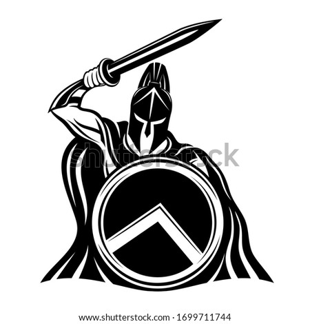 Spartan with a sword and shield sign on a white background.