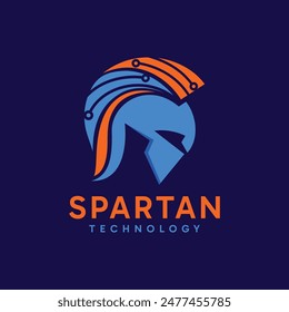 Diseño de logotipo de Tecnología espartana. Abstractas máscara espartana combinada con elemento de línea de tecnología