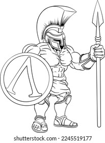 A Spartan or Tojan warrior or a Roman gladiator cartoon character in outline