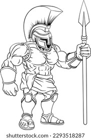 A Spartan or Tojan warrior or a Roman gladiator cartoon character in outline