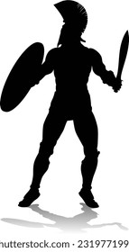 A Spartan or Trojan ancient Greek hoplite warrior silhouette. Could also be a Roman gladiator.