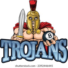 A spartan or trojan angry mean pool billiards mascot cartoon character holding a black 8 ball.