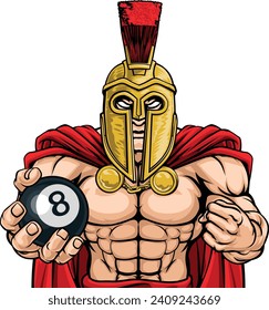 A spartan or trojan angry mean pool billiards mascot cartoon character holding a black 8 ball.