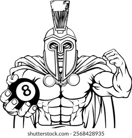 A spartan or trojan angry mean pool billiards mascot cartoon character holding a black 8 ball.