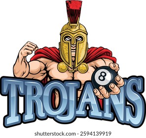 A spartan or trojan angry mean pool billiards mascot cartoon character holding a black 8 ball.