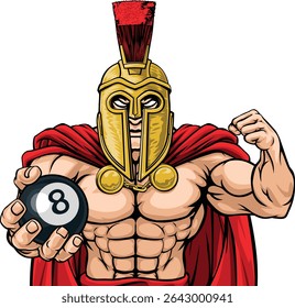 A spartan or trojan angry mean pool billiards mascot cartoon character holding a black 8 ball.