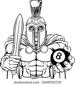 Um espartano ou troiano irritado significa bilhar bilhar mascote personagem de desenho animado segurando uma bola 8 preta.