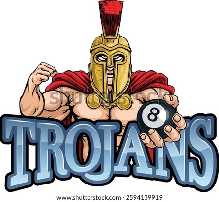 A spartan or trojan angry mean pool billiards mascot cartoon character holding a black 8 ball.