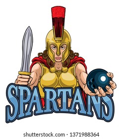 A Spartan or Trojan female gladiator warrior woman ten pin bowling sports mascot