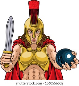 A Spartan or Trojan female gladiator warrior woman ten pin bowling sports mascot