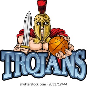 A Spartan or Trojan warrior Basketball sports mascot holding a ball