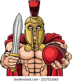 A Spartan Or Trojan Warrior Cricket Sports Mascot Holding A Ball